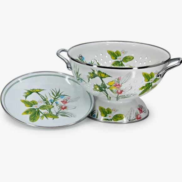 ✨NEW✨ Golden Rabbit Enamelware Colander Set in Herbs Pattern - Green Floral - Picture 3 of 4
